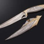 Knife scabbard decorated like damask steel