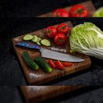 Luxurious knife for the restaurant chef. Art Damascus Blade with Metal ZlaTi Handle