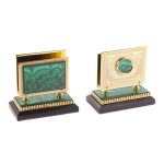 A pair of business card holders from a writing set. Made of green malachite stone and gold plated metal.