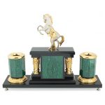 A small office desktop set with a silver horse on its hind legs. Handmade from natural stone, metal and gold.