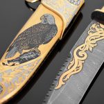 drawing of a hawk on a golden scabbard