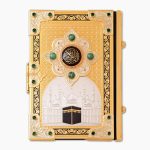Golden Koran decorated with the image of the sacred Kaaba, natural malachite, cubic zirkonia